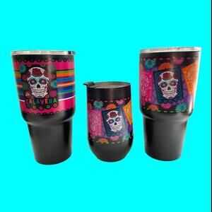 3 Sugar Skull Day Of The Dead Insulated Travel Tumblers Dining Style Same Skull